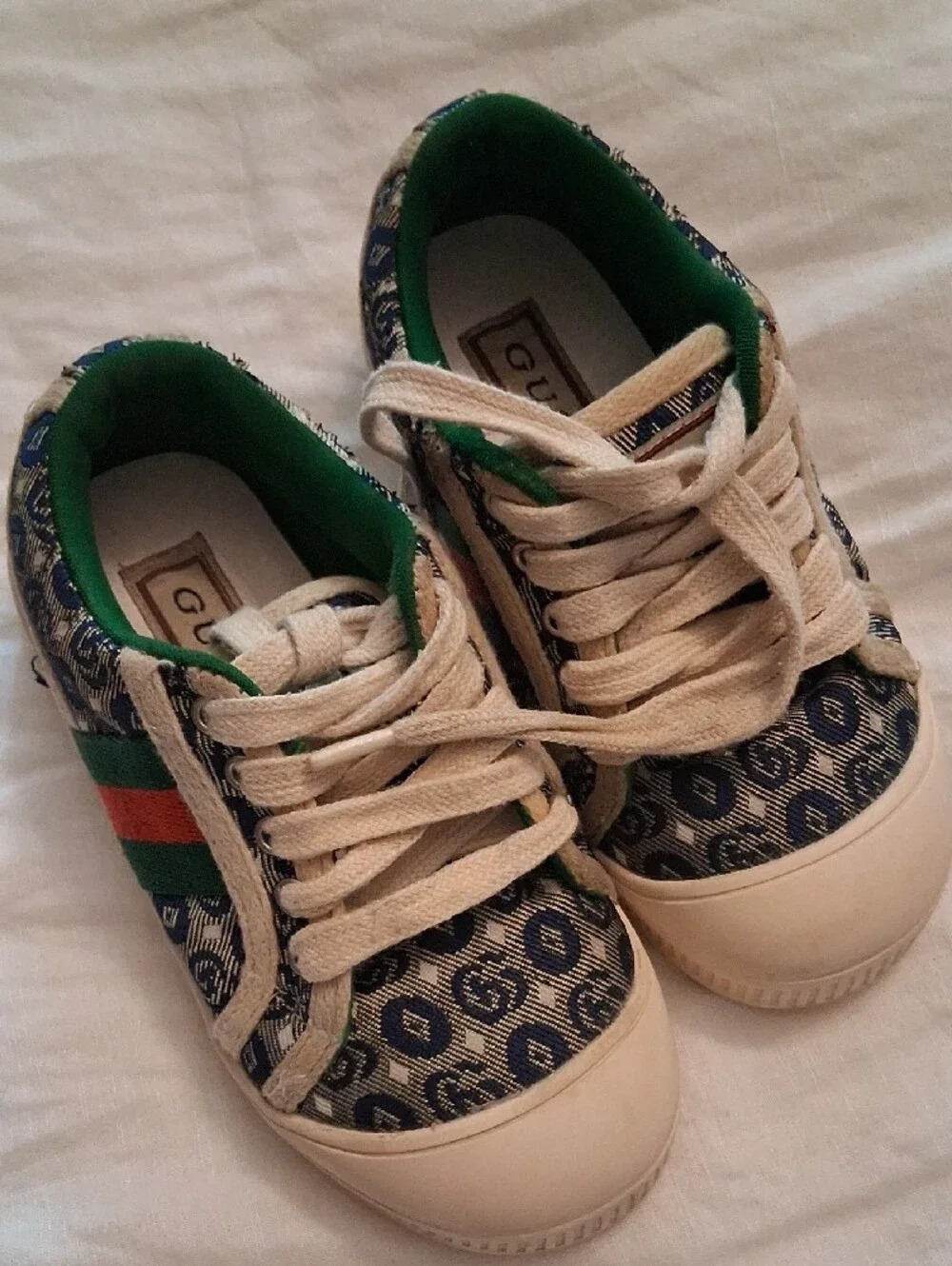 Authentic Gucci Kids Blue Monogram Sneakers with Green & Red Stripe
